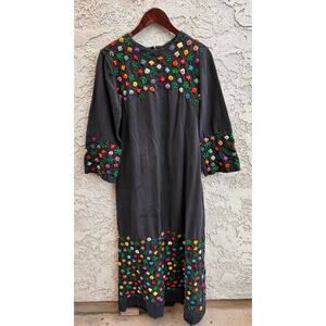 Vintage Gray Hand Embroidered Floral Maxi Dress Boho 70s Mexico Style M